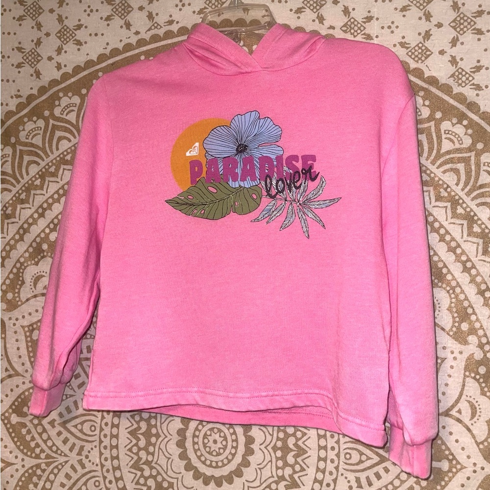 GIRLS “ROXY” PINK LONG SLEEVED HOODIE WITH PARADISE GRAPHIC ON THE FRONT, SIZE 8 - Picture 2 of 4